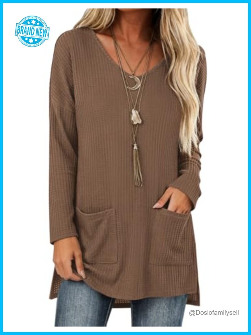 Waffle Knit Tunic Top Loose Fit Long Sleeve V-Neck with Pockets